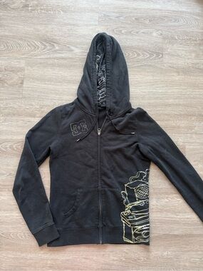 Y2k Vintage DC Women's Black Hoodie Jacket with Rainbow Graphic